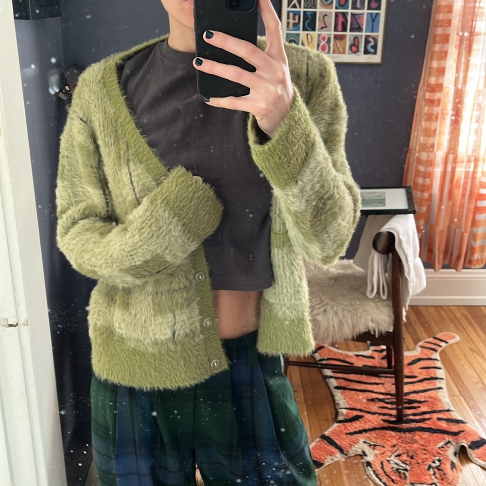 Green Fuzzy Plaid Cardigan Women’s Size Small